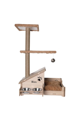 Çok Amaçlı Katlı Kedi Evi-isim Baskılı-ahşap Mdf-tırmalama Çubuklu-kahverengi-çelik Kase-2 350