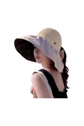 Bayanlar İçin Şık Siyah Tutkallı Boş Üst Güneşlikli Geniş Kenarlı Yüz Koruyucu Şapka Bej