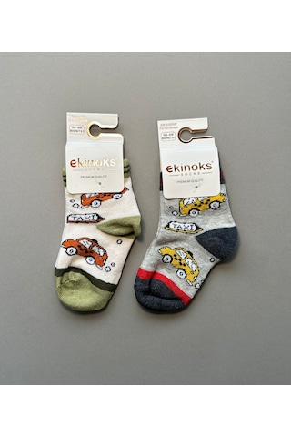 Araba Desenli Erkek Bebek 2'li Çorap Seti Gri