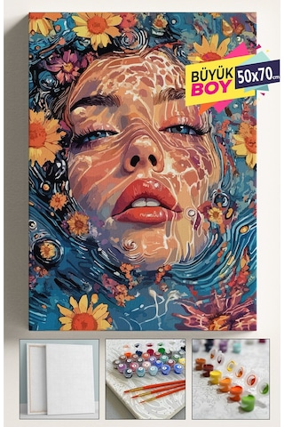 Sayılarla Boyama Seti Numaralı Tuval Fırça Boya Dahil Kasnaklı Set 50x70 Cm - Su Ve Kadın