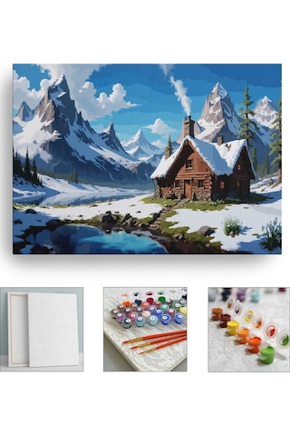 Sayılarla Boyama Seti Numaralı Tuval Fırça Boya 40x50 Cm - Karlı Manzara