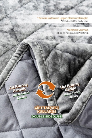 Evlen Home Kapitone Kadife Yatak Örtüsü Seti Çift Kişilik Supersoft 3 Parça Yumuşak Elyaf Dolgulu Gri Gri