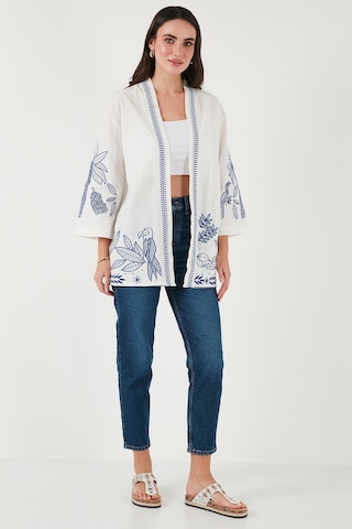 Lela Nakış Işlemeli Pamuklu Oversize Fit Truvakar Kol Bayan Kimono 676302 Ekru