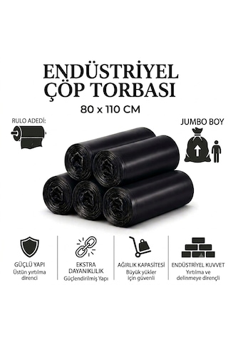 Jumbo Boy Endüstriyel Çöp Poşeti 80x110 Cm 50'li - 400 Gram Ağır Hizmet Tipi Kalın Torba