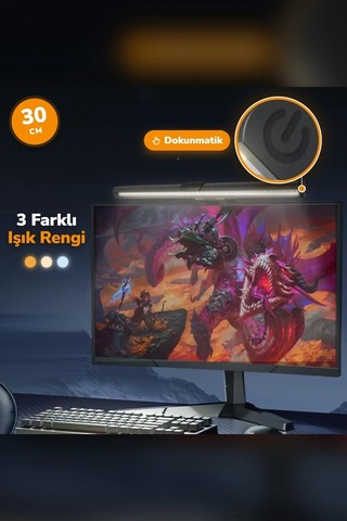 Dokunmatik Monitör Işık Çubuğu 30 Cm 3 Işık Modlu Kademesiz Parlaklık Usb Ekran Lambası