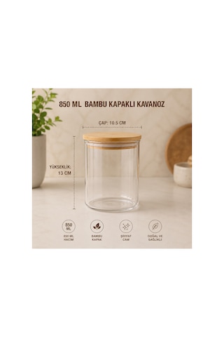3lü Set Bambu Kapaklı Cam Saklama Kavanozu Hava Geçirmez Çok Amaçlı Mutfak Saklama Kabı 850ml Şeffaff
