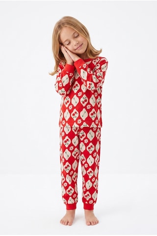 Bunny Hopp %100 Pamuk Uzun Kollu Mevsimlik Kiraz ve Çiçek Desenli Kız Çocuk Pijama Takımı Kırmızı