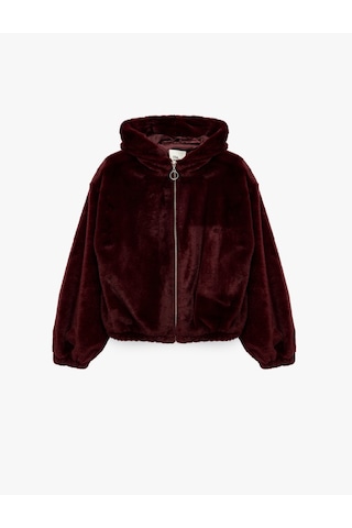 Koton Uzun Kollu Kapüşonlu Fermuarlı Suni Kürk Crop Ceket Bordo 6wal20009ıw Bordo