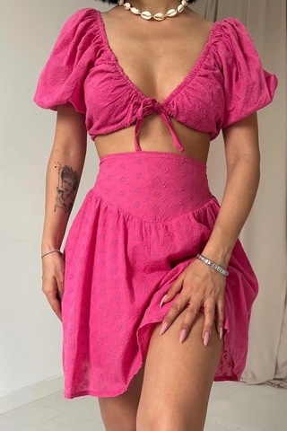 Valensdesign Fuşya Brode Crop Ve Mini Etek Takım