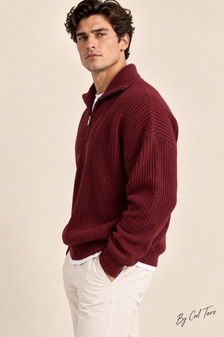 Tarz Cool Erkek Oversize Fermuarlı Balıkçı Triko Kazak Bordo