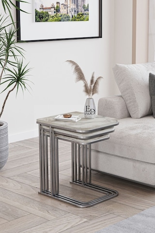 Lyon 3'lü C Zigon Sehpa Gümüş Metal - Beyaz Mermer Tabla