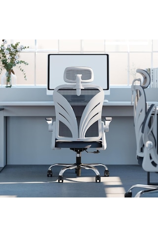 Holludle Katlanabilir Sırtlıklı Ergonomik Ofis Koltuğu, 2d Baş Destekli, File Bel Desteği Yönetici Koltukları Beyaz