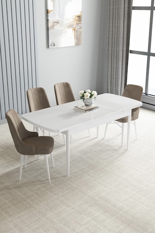 Zümra Serisi, Beyaz 80x132 Açılabilir Mdf Mutfak Masası Takımı 4 Adet Sandalye, Cappucino