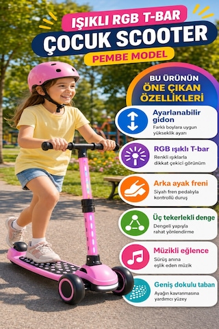 Pembe Speedx Wx-817 Rgb Işıklı Müzikli Çocuk Scooter Ayarlanabilir Alüminyum T-bar Tekerlekli Frenli