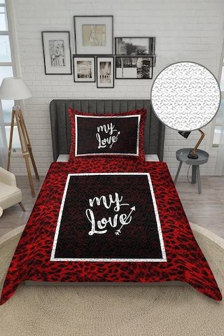 My Love Yazılı Kadife Kumaş Kapitoneli Tek Kişilik Yatak Örtüsü Seti 2 Parça Tky0044 Çok Renkli
