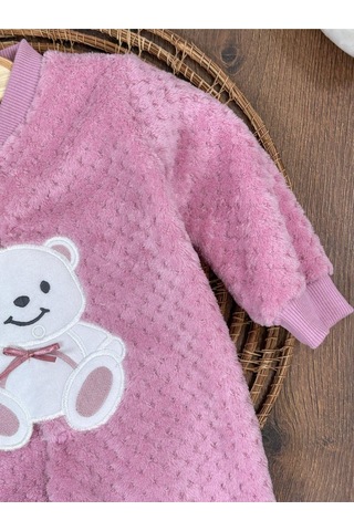 101 Dalmaçyalı Peluş Ayıcık Nakışlı Patikli Çıtçıtlı Kışlık Erkek Bebek Tulum Gül Kurusu