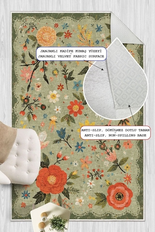 Floral Desen Baskılı Kaymaz Yıkanabilir Salon Oturma Odası Mutfak Antre Halısı Yolluk Yeşil