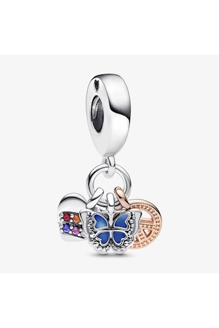 Nur Silver İki Renkli Gökkuşağı Kalp, Kelebek Ve Barış Üçlü Sarkıt Charm Nur-cm00454 Gümüş