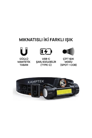 Mıknatıslı Şarjlı Led Kafa Lambası - Tamir, Kamp Ve Koşu İçin Uygun Pro Fener Siyah