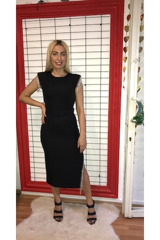 Kadın Elbise Siyah Omuz Ve Etek Taşlı Yırtmaçlı Siyah