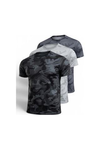 Serablanka 3'lü Erkek Nem Emici Hızlı Kuruma Atletik Teknik Kamuflaj Desenli Spor T-shirt Siyah-gri-füme
