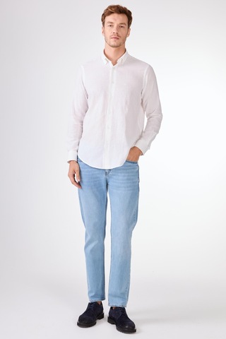 Beyaz Keten Düz Renk Regular Fit Erkek Gömlek Beyaz