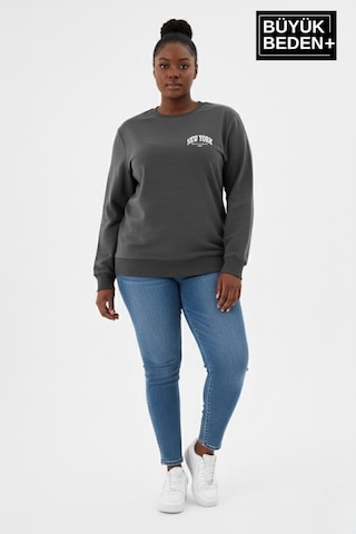 Süperlife Kadın Büyük Beden New York Baskılı Bisilet Yaka İnce Sweatshirt Spr26bswk956-5 Füme