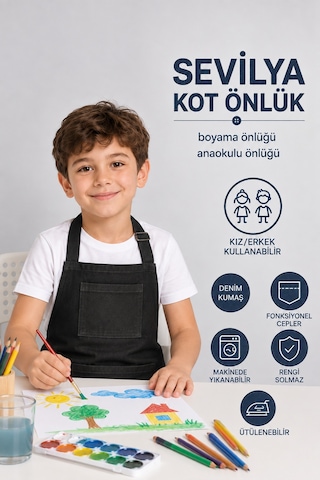Çocuk Kot Mutfak Önlüğü Boyama Önlüğü Resim Önlüğü Anaokulu Önlüğü Siyah