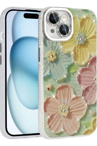 Apple Uyumlu iPhone 14 Kılıf Çiçek Desenli Parlak Taşlı Sert Silikon Zore Garden Kapak Colorful