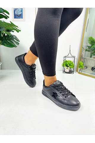 Günlük Kadın Sneaker Bağcıklı Yıldız Detaylı Tırtıklı Taban Oval Burunlu Rahat Spor Ayakkabı 602 Siyah