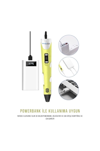 Sarı 3D Kalem 3D Pen Yazıcı Kalem | 20 Adet 5 Metre (Toplam 100 Metre) Filament + USB KABLO