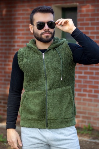 Azıcık Akıllı Erkek Haki Peluş Yumoş Fermuarlı Kapüşonlu Yelek 22Eylkpelo