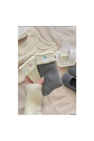 Organıcyou Guangzhou 5 Çift Kadın Premium Kalite Dantel Kalp Desenli Çift Katmanlı Kore Tarzı Soket Çorap Mavi+siyah+beyaz+gri