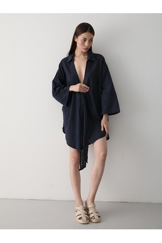 Lacivert Flam Keten Kimono Gömlek Lacivert