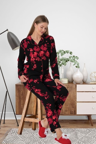 Lohusa Sepeti Lohusasepeti Çiçek Desen Önden Düğmeli Lohusa Pijama Takımı Siyah - 5922 001