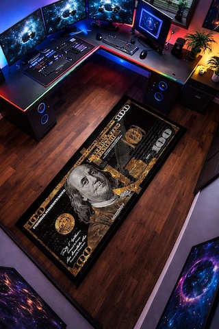 100 Dolar Kaymaz Taban Makinede Yıkanabilir Gaming Para Desenli Oyuncu Gamer Genç Odası Halısı Siyah