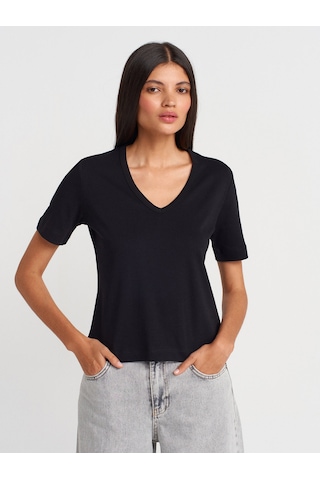 Dilvin 31840 V Yaka Kısa Kollu T-shirt-siyah SIYAH