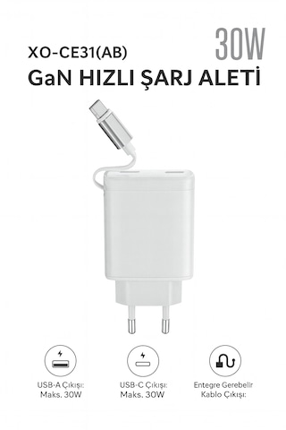 30w Gan Hızlı Şarj Cihazı Usb-a Usb-c Çıkışlı, Entegre Kablolu
