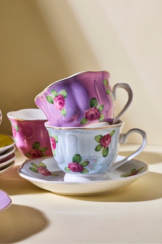 Hane+ 12 Parça 6 Kişilik Renkli Vintage Çiçekli Kahve Fincanı Takımı Cokrenklı Çok Renkli