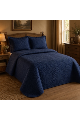 Kapreo Home Dinarsu Olivia Çift Kişilik Yatak Örtüsü Seti 3 Parça 230x250 Cm Desenli Yatak Örtüsü Ve 2 Yastık Kılıfı / Hardal Indigo