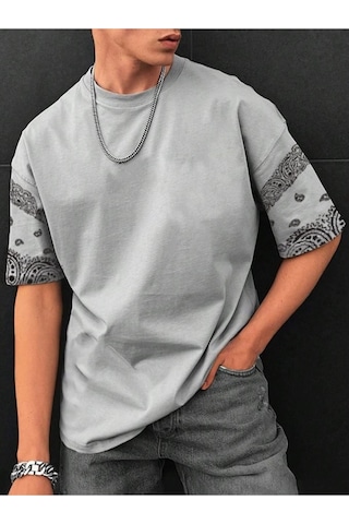 Altamira Erkek Duman Gri Kol Desenli Oversize T-shirt 001