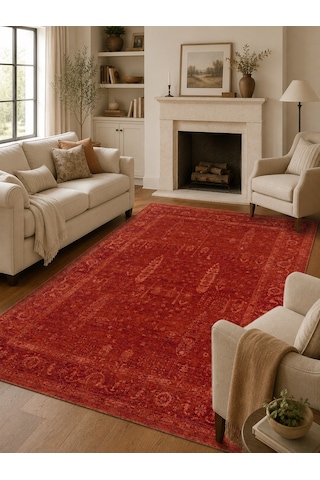 Shiraz Shr 03 Red Vintage Eskitme Tarzı Yumuşak Dokulu Salon Halısı Oturma Odası Halısı Kırmızı