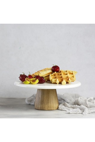 Akayev Mermer 25 CM Konik Ahşap Ayaklı Beyaz Yuvarlak Sunum Tabağ