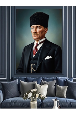 Ahşap Tablo Kalpak Başlıklı Siyah Takım Elbiseli Atatürk Portresi