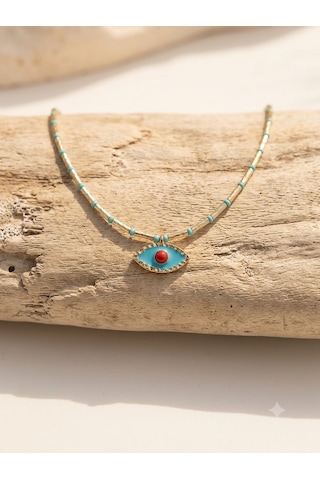 Rhea Jewelry Nazar Boncuklu Çelik Kolye Gold Renk Mineli Göz Figürlü Kadın Kolye 3 Renk Mavi