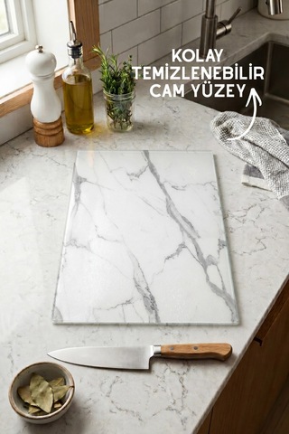 Klasik Mermer Desenli Cam Kesim Tahtası - 25x35cm -dayanıklı Ve Pratik Kesim Matı Beyaz