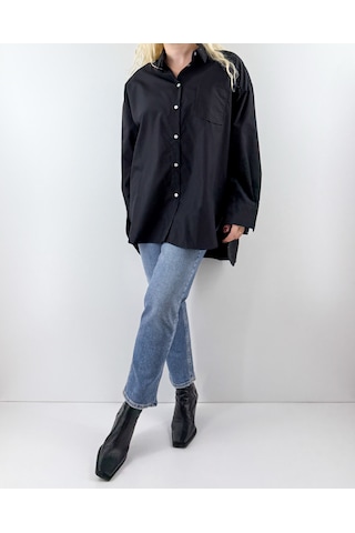 Modaonna Siyah Oversize Poplin Gömlek Siyah