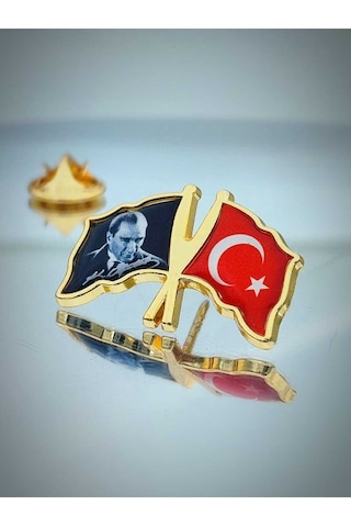 Yörük Tasarım Türk Bayrağı & Atatürk Altın Kaplama Mineli Döküm Yaka Rozeti