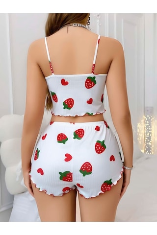 Kadın Beyaz Çilek Desenli Şortlu Pijama Takımı 5053 Beyaz