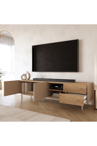 Robin Home Luka Tv Ünitesi Sehpası 2 Kapaklı 2 Çekmeceli Ahşap Ayaklı 180cm Kumsal-sepet Bej